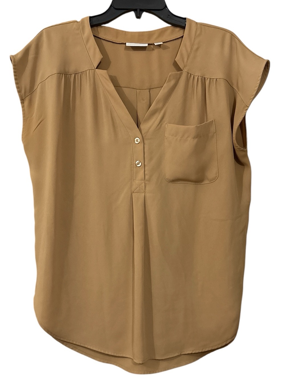 New York & Company Camel Cap Sleeve V-Neck Pocket Blouse